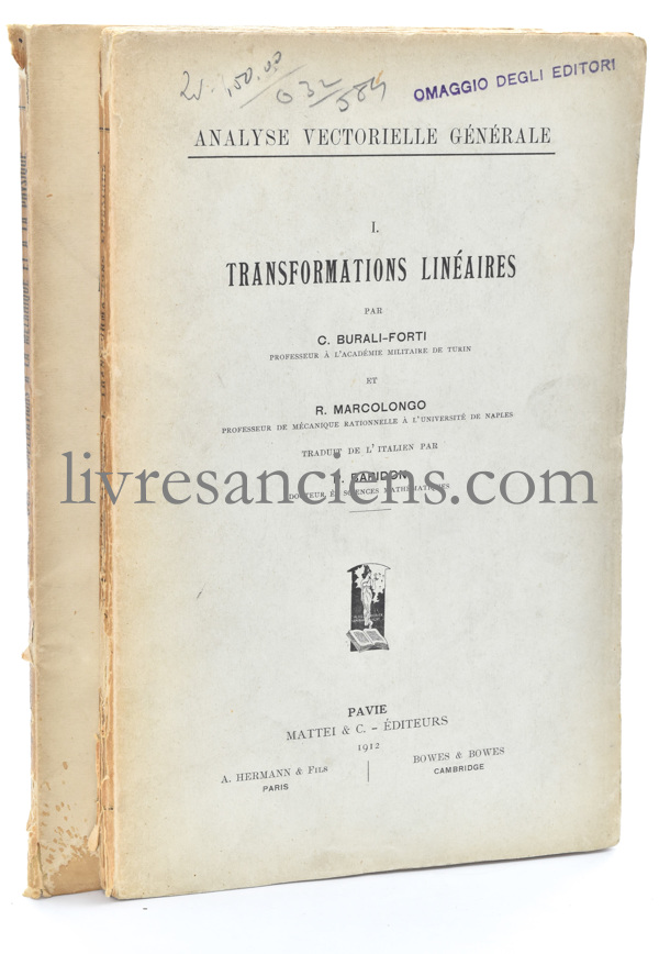 Photo BURALI-FORTI, Cesare || MARCOLONGO, Roberto.&nbsp;