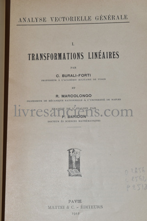 Photo BURALI-FORTI, Cesare || MARCOLONGO, Roberto.&nbsp;